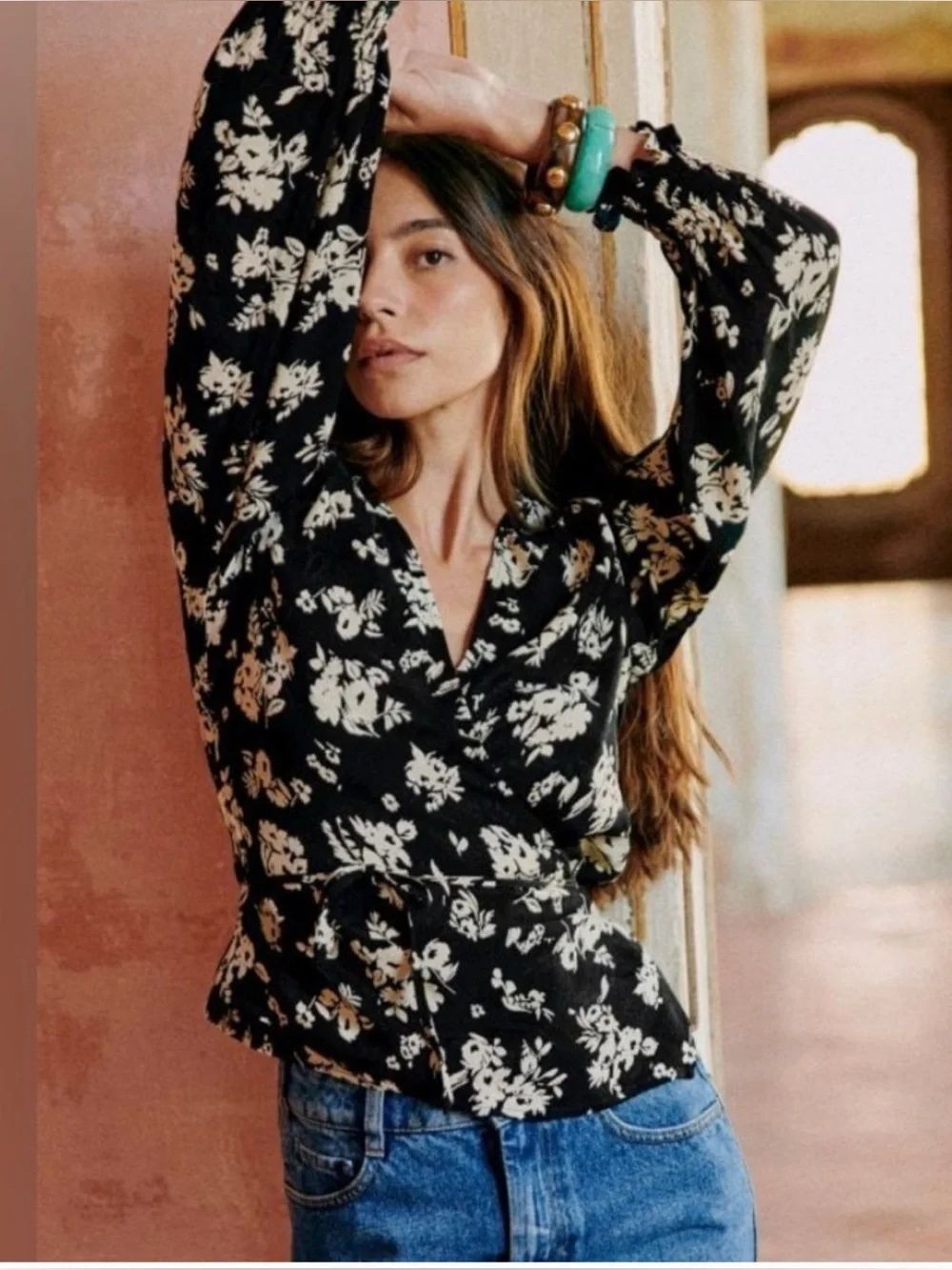 Sezane Dafne Black Wrap Floral Blouse Size 38 / 6